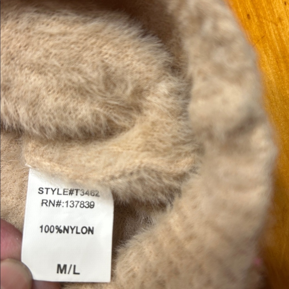 Ivy & Leo Tan Fuzzy V-Neck Sweater Relaxed Minimalist Cozy Soft Classic - Picture 8 of 8
